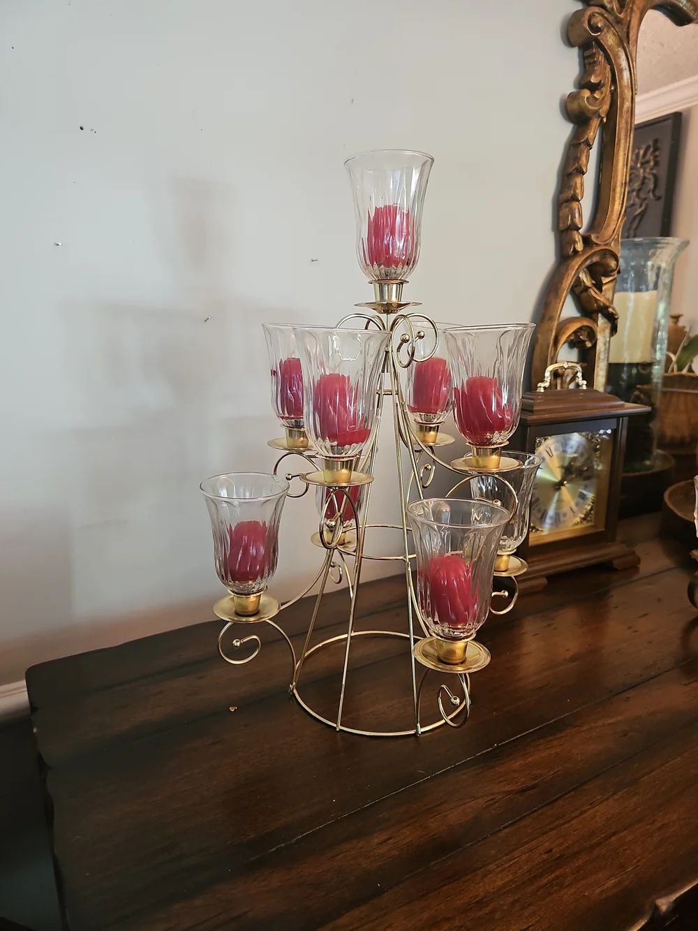 Home Interiors Gold Multi-Tier Candle Candelabra with Red Candles & Glass Shades